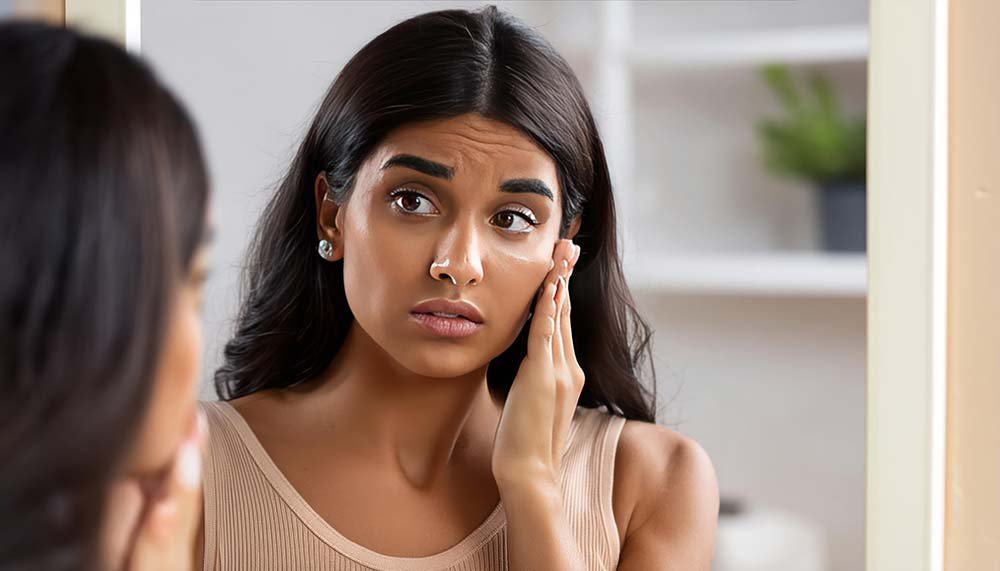 Indian woman examining her skin and acne marks in mirror